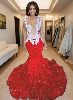 Red V-neck Sequence Sweetheart Mermaid Prom Dresses with Beaded