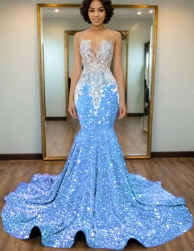 Blue Mermaid Sequins Prom Dresses with Beaded 2025