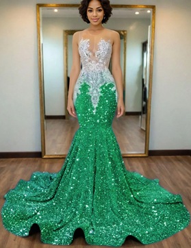 Emerald Mermaid Sequins Prom Dresses with Beaded 2025