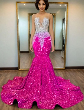 Fuchsia Mermaid Sequins Prom Dresses with Beaded 2025
