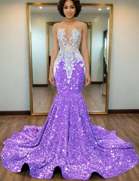 Lilac Mermaid Sequins Prom Dresses with Beaded 2025