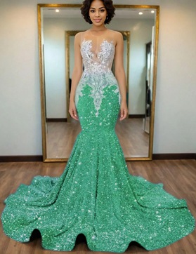 Mint Green Mermaid Sequins Prom Dresses with Beaded 2025