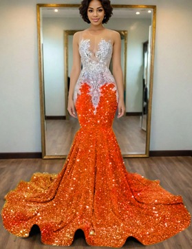 Orange Mermaid Sequins Prom Dresses with Beaded 2025