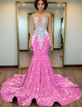 Pink Mermaid Sequins Prom Dresses with Beaded 2025