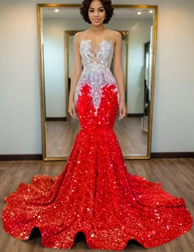Red Mermaid Sequins Prom Dresses with Beaded 2025