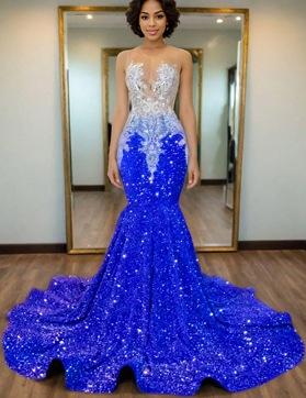 Royal Blue Mermaid Sequins Prom Dresses with Beaded 2025