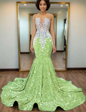 Sage Mermaid Sequins Prom Dresses with Beaded 2025
