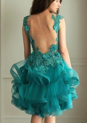 Turquoise Short Mini Mesh Cocktail Party Dresses with Applique Ruffle Back