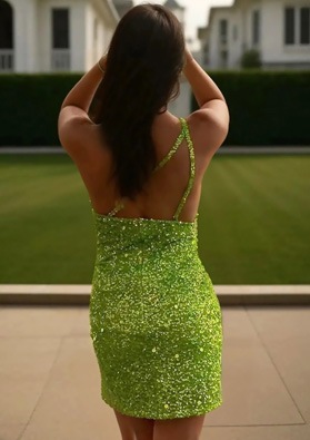Lime Green One Shoulder Sequins Short Cocktail Party Homecoming Dresses Back