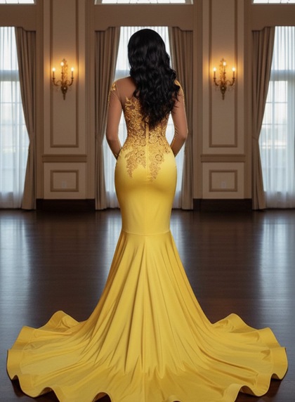 2026 Junoesque Yellow Split Mermaid/Trumpet Long Sleeve Satin Prom Dresses - Image 2
