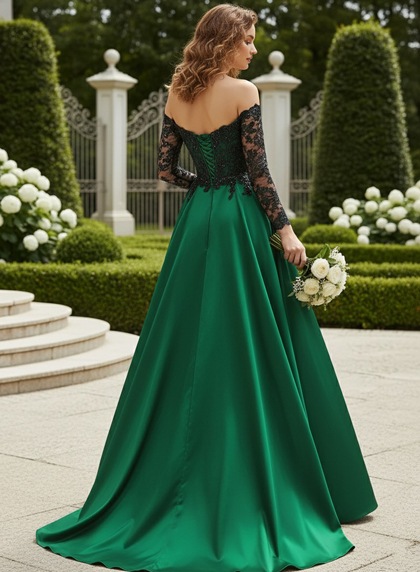 Off The Shoulder Satin Hunter Long Sleeves Prom Dresses - Image 2