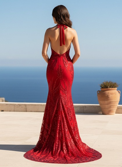 V-neck Sheath Red Lace Sequins Long Prom Dresses - Image 2
