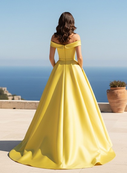 2026 A-Line/Princess Yellow Off The Shoulder Satin Prom Dresses - Image 2