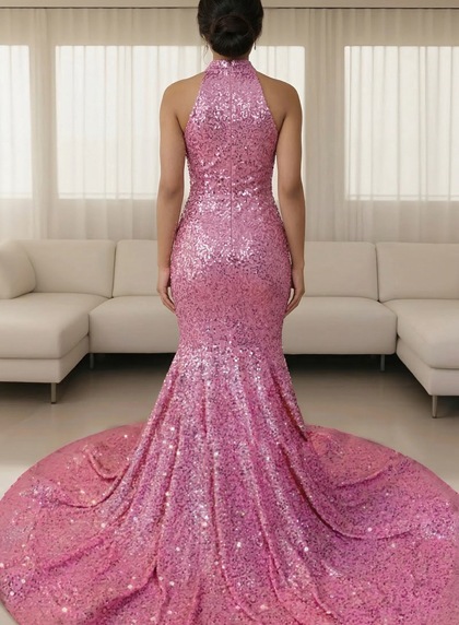 Pink Halter Sequins Long Mermaid Prom Dresses 2026 - Image 2