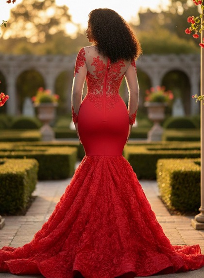 2026 V Neck Long Sleeve Red Mermaid Prom Dresses - Image 2