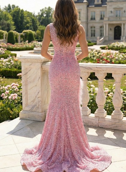 2026 Pink Long Side Slit Sequence Beaded Prom Dresses - Image 2