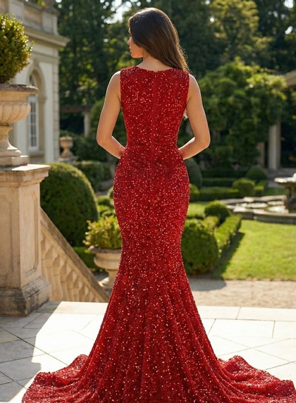 Red Beaded Sheath Sequence Long Prom Dresses 2026 - Image 2