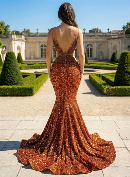 2026 Sequence Mermaid Round Neck Orange Beaded Long Prom Dresses - Image 2