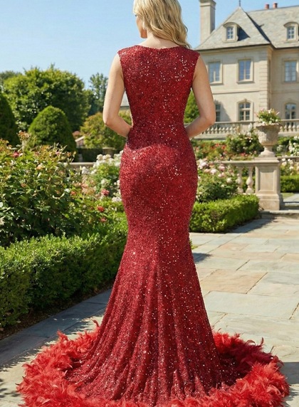 2026 Red Mermaid Sequence Sleeveless Beaded Long Prom Dresses With Feathers - Image 2