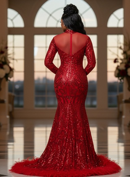 2026 Red Mermaid Feathers Long Sleeves Lace Long Prom Dresses - Image 2