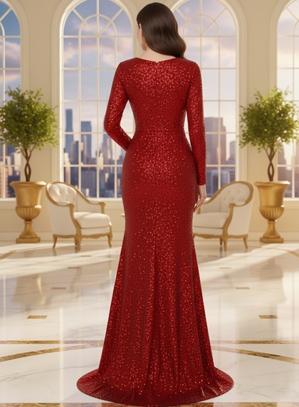 2026 Red Long Sleeves Lace V Neck Shearth Prom Dresses - Image 2