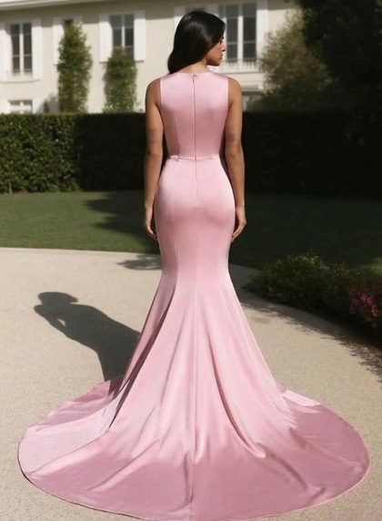 Mermaid Pink Satin Sleeveless Long Prom Dresses - Image 2