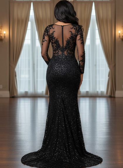 Black Long Sleeves Sheath Sweetheart Lace Long Prom Dresses - Image 2