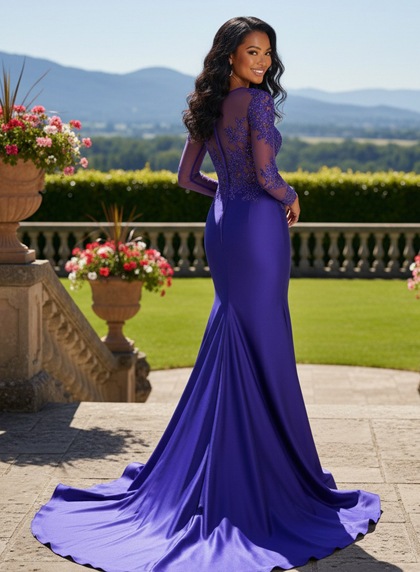 2026 Royal Blue Long Sleeves Mermaid Satin Prom Dresses - Image 2