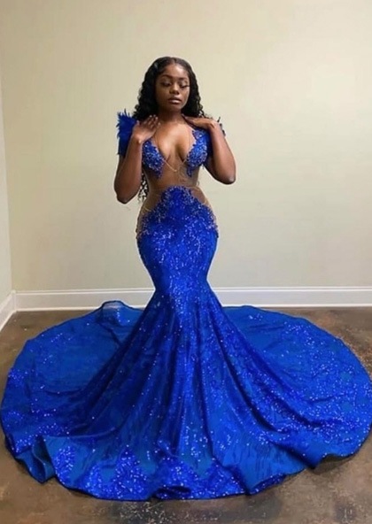 2024 Royal Blue Deep V Neck Long Prom Dresses