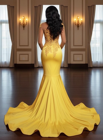 Yellow Trumpet Mermaid High Neck Long Sleeves Satin Prom Dress - Image 2