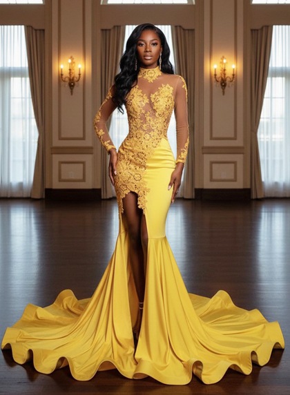 Yellow Trumpet Mermaid High Neck Long Sleeves Satin Prom Dress - Image 1