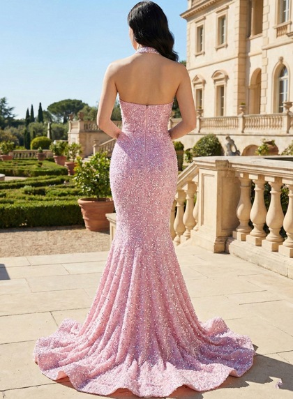 2026 Pink Sequin Prom Dress Halter Plunge Illusion Crystal Beaded Mermaid Train - Image 2