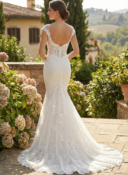 Ivory Allover Lace Sweetheart Cap Sleeve Trumpet Sweep Train Zipper Wedding Dress - Image 2