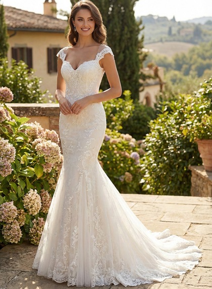 Ivory Allover Lace Sweetheart Cap Sleeve Trumpet Sweep Train Zipper Wedding Dress - Image 1