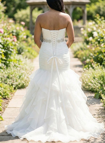 Ivory Organza Sweetheart Ruched Trumpet Ruffles Beaded Plus Size Wedding Dress - Image 2