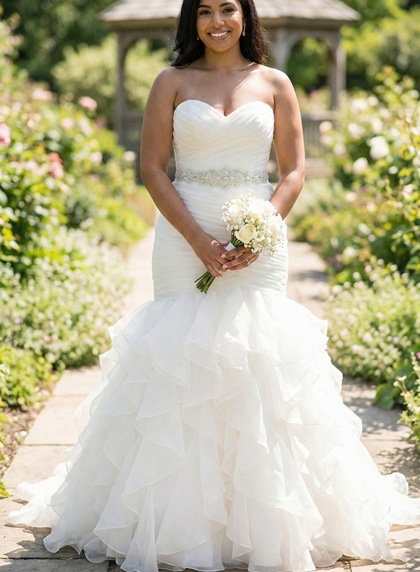 Ivory Organza Sweetheart Ruched Trumpet Ruffles Beaded Plus Size Wedding Dress - Image 1