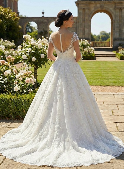 Ivory Beaded Sheer Neck Cap Sleeve Ball Gown Lace Train Wedding Dress - Image 2