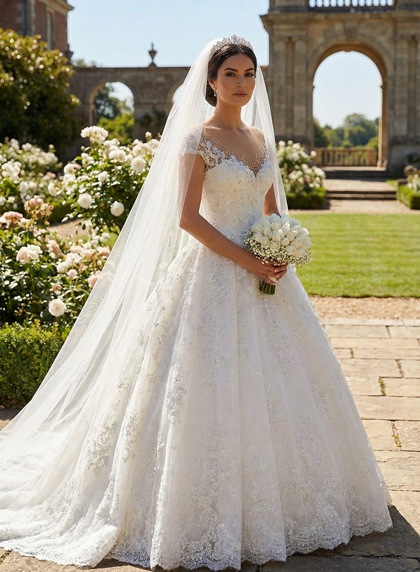 Ivory Beaded Sheer Neck Cap Sleeve Ball Gown Lace Train Wedding Dress - Image 1