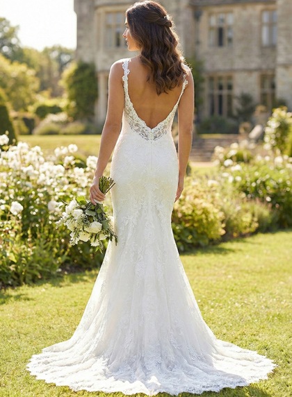 Ivory Lace V Neck Sleeveless Sheath Column Backless Sweep Train Wedding Dress - Image 2