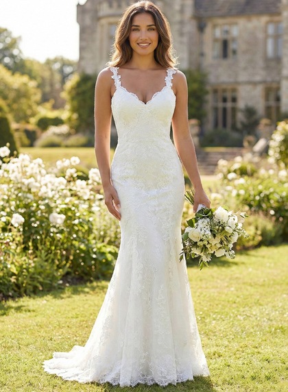 Ivory Lace V Neck Sleeveless Sheath Column Backless Sweep Train Wedding Dress - Image 1