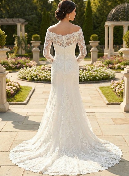 Ivory Lace Off-the-Shoulder Long-Sleeve Sheath Wedding Dress - Image 2