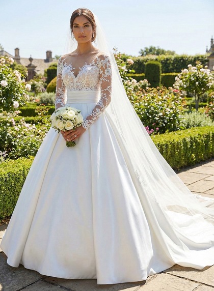 Ivory Satin Sheer Neck Long Sleeves A Line Sweep Train Wedding Dress - Image 1