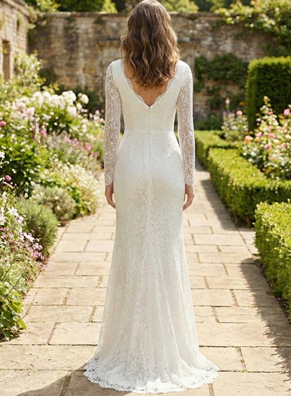 Ivory Lace V Neck Long Sleeves Sheath Sweep Train Zipper Wedding Dress - Image 2