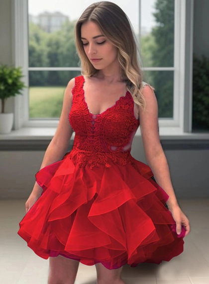 2026 Ball Gown V Neck Sleeveless Backless Applique Beading Layers Organza Cut Short/Mini Homecoming Dresses - Image 13