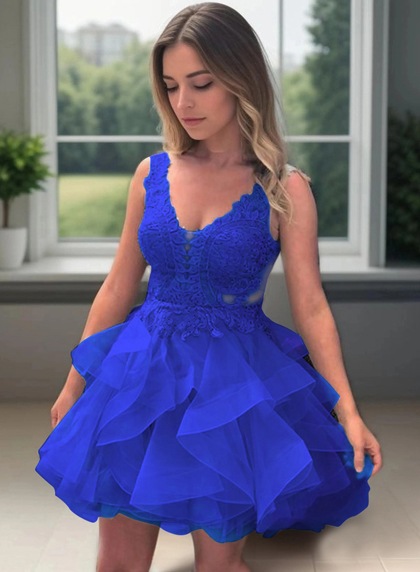 2026 Ball Gown V Neck Sleeveless Backless Applique Beading Layers Organza Cut Short/Mini Homecoming Dresses - Image 14