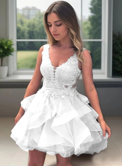 2026 Ball Gown V Neck Sleeveless Backless Applique Beading Layers Organza Cut Short/Mini Homecoming Dresses - Image 16