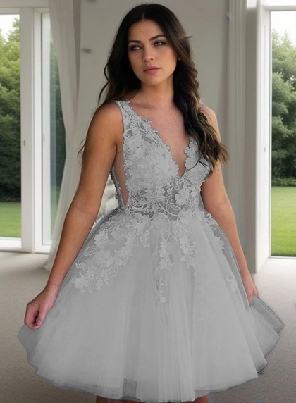 2026 Ball Gown V Neck Sleeveless Applique Beading Tulle Cut Short/Mini Homecoming Dresses - Image 12
