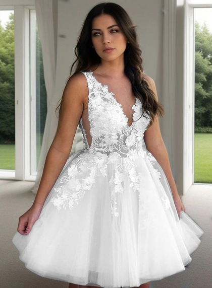2026 Ball Gown V Neck Sleeveless Applique Beading Tulle Cut Short/Mini Homecoming Dresses - Image 13