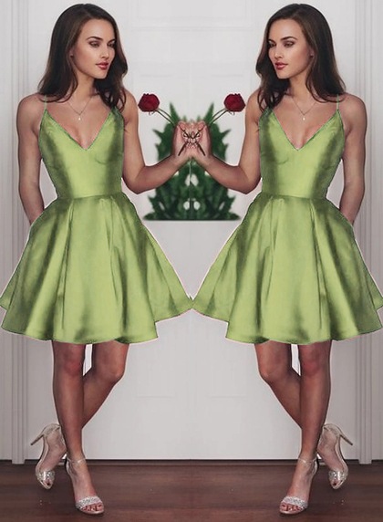 V Neck Sleeveless Spaghetti Satin A-Line/Princess Pleated Cut Short Mini Homecoming Dresses - Image 12