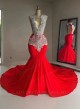 2025 Red Mermaid Satin Backless Long Beaded Prom Dresses